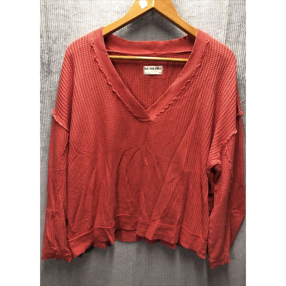 We The Free Sweatshirt Size M Coral V Neck Waffle Texture Loose Fit